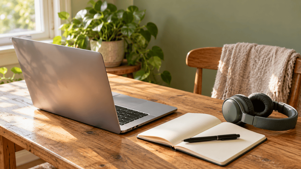 A laptop, blank notebook, pen, and headphones on a wooden table in soft natural light.
