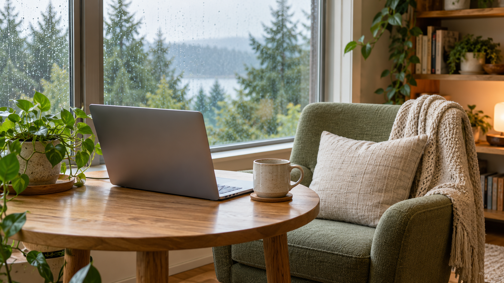 An open laptop and ceramic mug beside a sage armchair and a rain-speckled window overlooking evergreens.